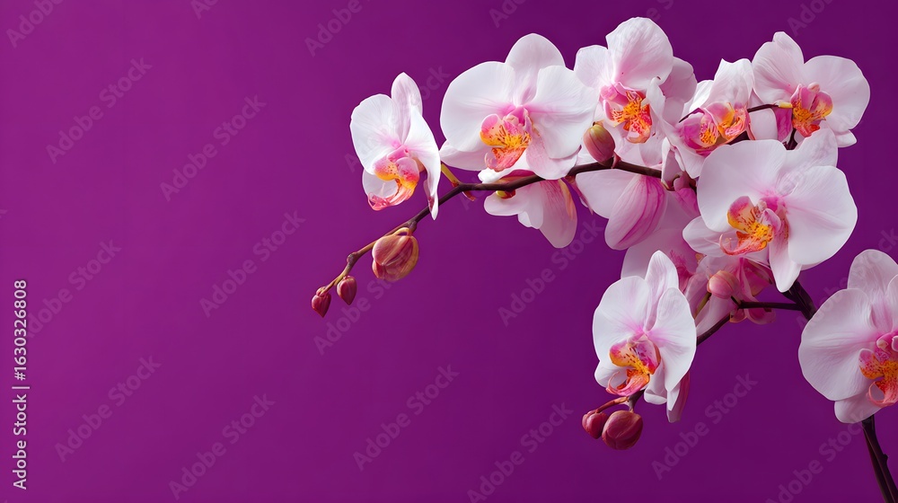 Fototapeta premium Beautiful white and pink orchid flowers on a purple background