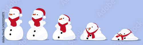Stages of snowman melting. Snow melts under influence of temperature. Sequence steps of spring coming. Snowdrift with Santa hat and scarf. Snowy figure damage. Vector winter thaw process