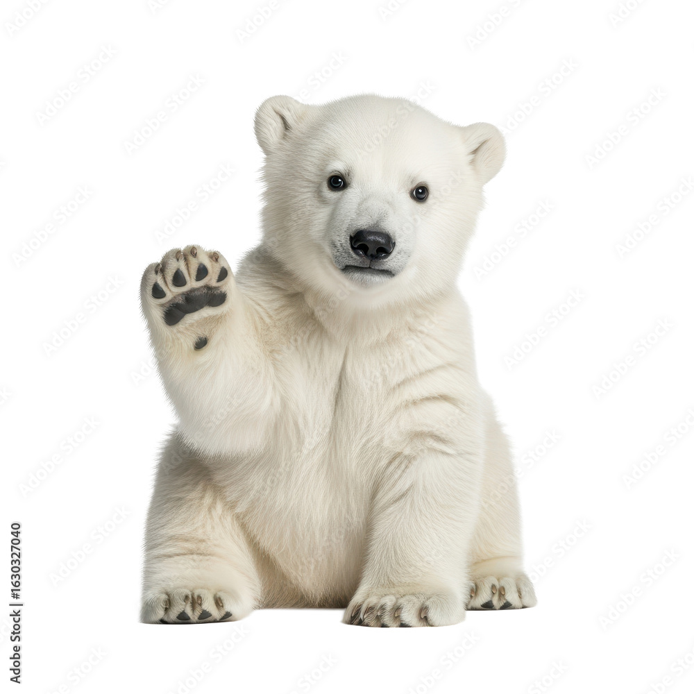 Obraz premium A charming young polar bear cub sitting with its paw raised in a friendly waving gesture