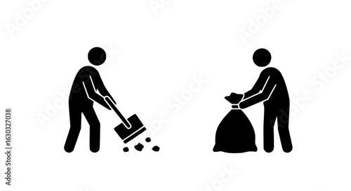 People picking up trash black and white