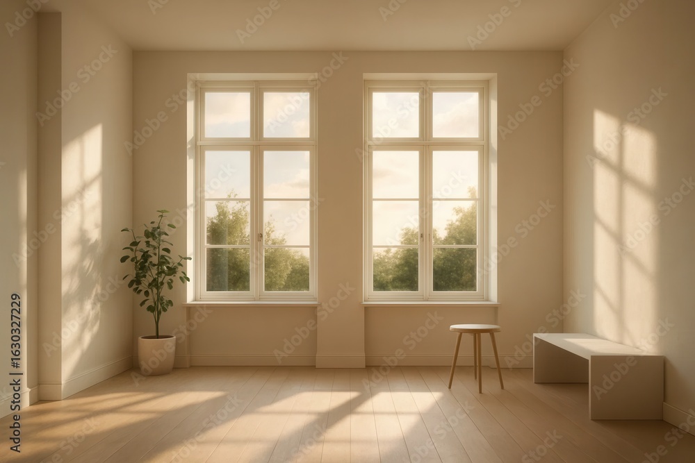 Fototapeta premium A minimalist living room bathed in soft sunlight through large windows, offering a tranquil space for relaxation and contemplation