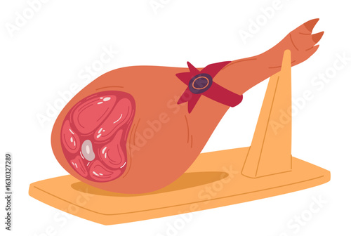 Hamon ham cured pork meat on wooden stand. Delicatessen meat meal. Premium iberico. Spanish jamon. Preserved hindquarter. Leg with hoof. Traditional prosciutto. Vector food product