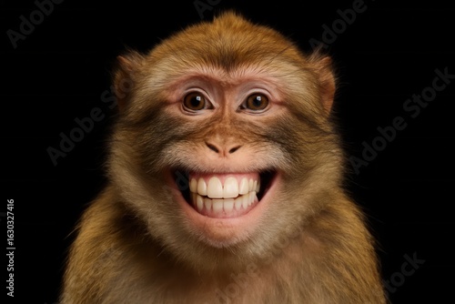 A joyful monkey with a radiant smile shines brightly against a dark backdrop