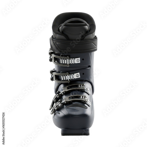 A professional alpine ski boot with strong buckles and thick padding on a white background.
