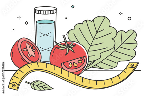 Illustration of a glass of water, tomatoes, lettuce, leaf and a measuring tape on a white background