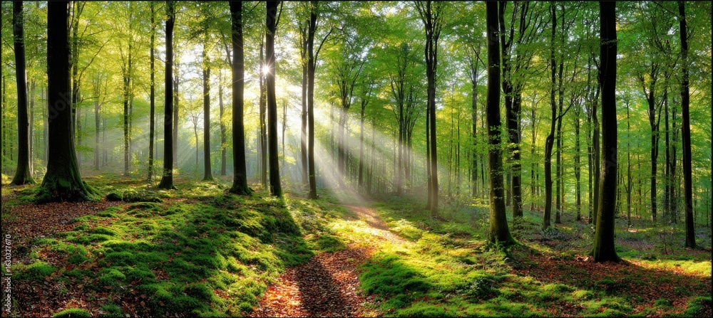 Obraz premium Sunlight streams through a dense forest. 