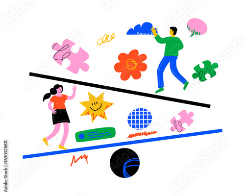 A conceptual illustration of a team balancing and adjusting workflows. It symbolizes project management, problem-solving, and process optimization.