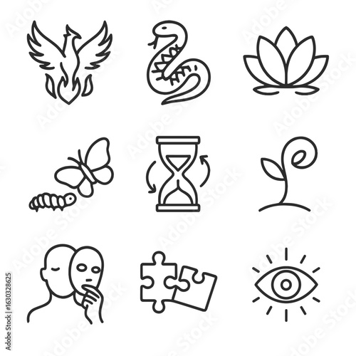 Symbolic Transformation Icons. Outline icon set of symbolic transformations: phoenix rising, snake shedding skin, lotus bloom,