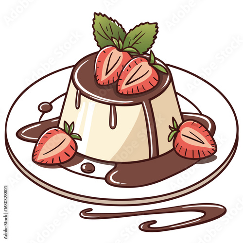 Delicious panna cotta dessert with chocolate sauce and fresh strawberries on a white plate illustration
