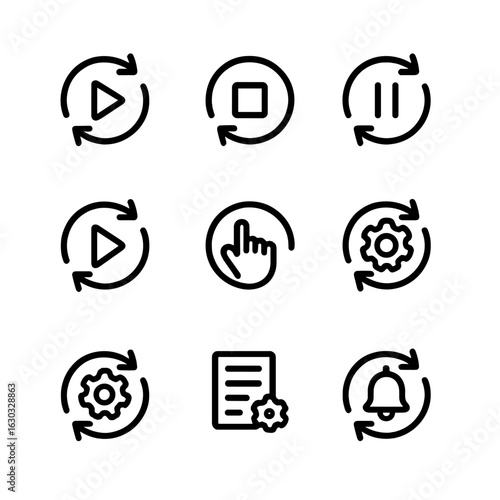 Sync Controls Icons. Outline icon set of sync controls: start sync, stop sync, pause sync, resume sync, manual sync, auto sync,