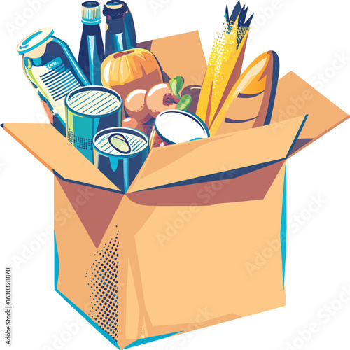 A cardboard box overflowing with a variety of groceries and food items including canned goods and bottles