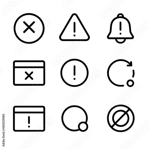 System Warning Icons. Outline icon set of system warning notifications: error badge, exclamation triangle, warning bell, alert