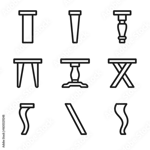 Table Leg Icon Set. Outline icon set of table leg designs: straight leg, tapered leg, turned leg, hairpin leg, pedestal base,