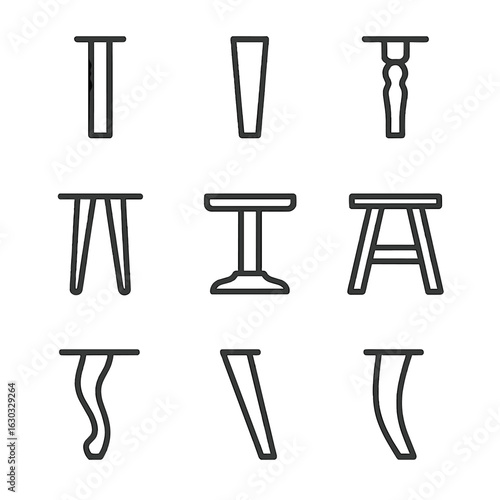 Table Leg Icon Set. Outline icon set of table leg designs: straight leg, tapered leg, turned leg, hairpin leg, pedestal base,
