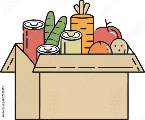 Illustration of a cardboard box filled with canned goods fresh vegetables and fruits representing food donation or grocery delivery