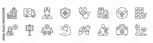 set of medical and healthcare thin line icon. containing wellness, fitness, hospital, pill, medicine, doctor, nurse icon symbol sign for your app and web. vector illustration