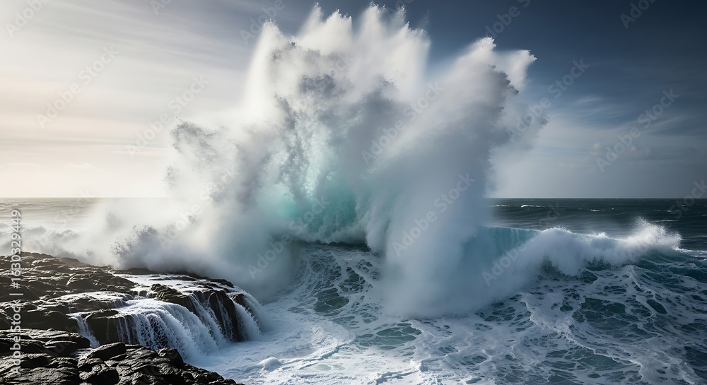Fototapeta premium Massive Ocean Wave Crashing on Rugged Coastal Rocks