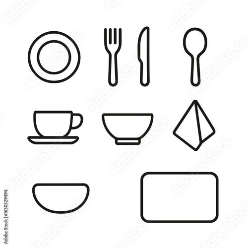 Tableware Icon Set. Outline icon set of tableware set: plate, fork, knife, spoon, cup, saucer, bowl, napkin, placemat. Line icons