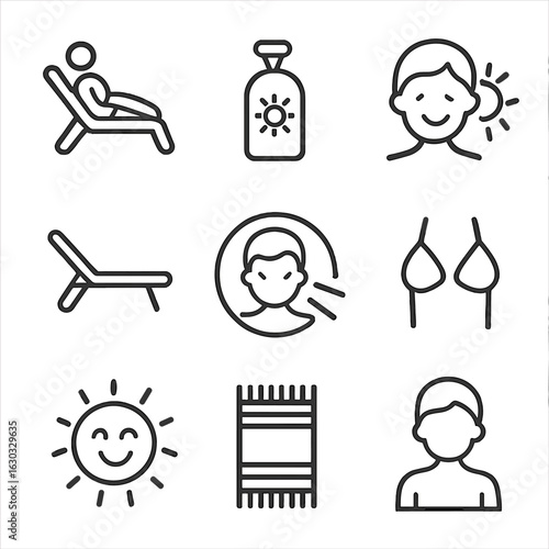 Tanning Icons Collection. Outline icon set of tanning and glow: sunbathing pose, tanning oil, bronze skin icon, beach lounger,