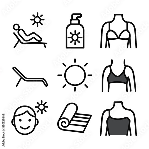 Tanning Icons Collection. Outline icon set of tanning and glow: sunbathing pose, tanning oil, bronze skin icon, beach lounger,