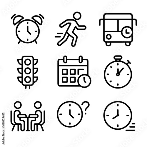 Tardiness Outline Icons. Outline icon set of tardiness: alarm clock ringing late, person rushing, late bus, traffic light, delayed