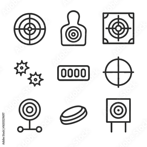 Outline Target Icons. Outline icon set of gunfire targets: bullseye, silhouette target, paper target, hit marks, scoreboard,