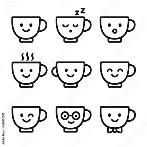Teacup Character Icons. Outline icon set of cute teacup characters: smiling teacup, sleepy teacup, surprised teacup, steaming