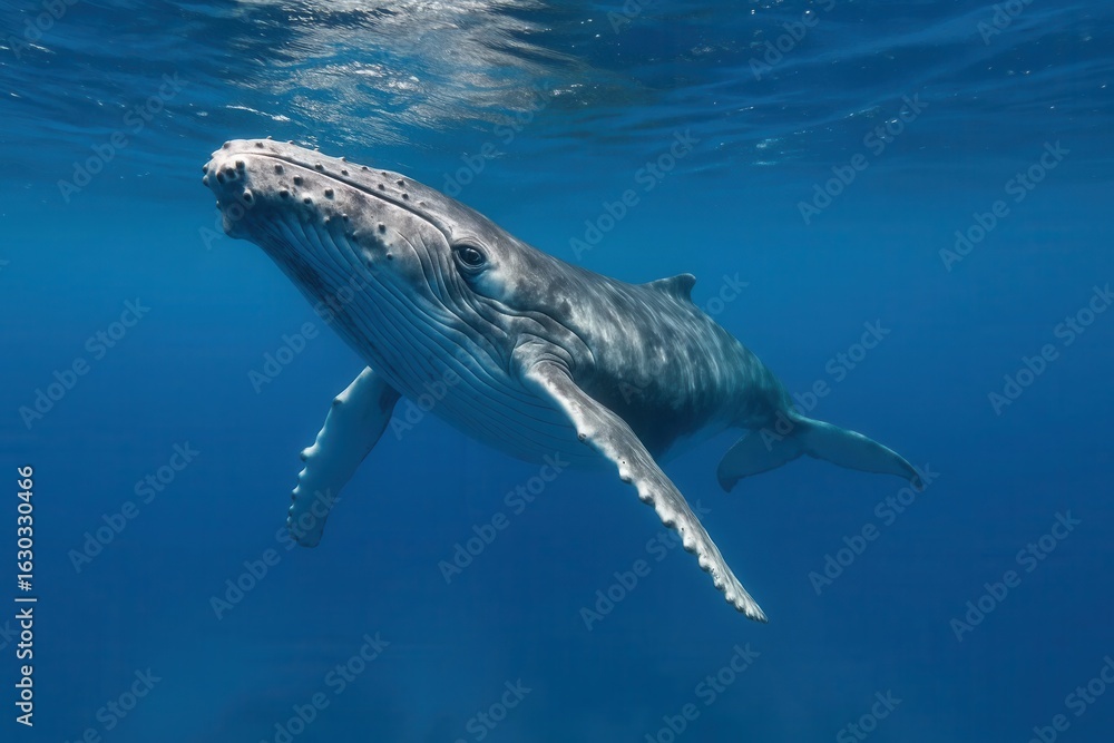 Fototapeta premium A lone humpback whale gracefully swims beneath the surface of a deep blue ocean