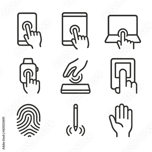 Tech Touch Icons. Outline icon set of technological touch: touchscreen phone, tablet, laptop touchpad, smart watch, touch sensor,