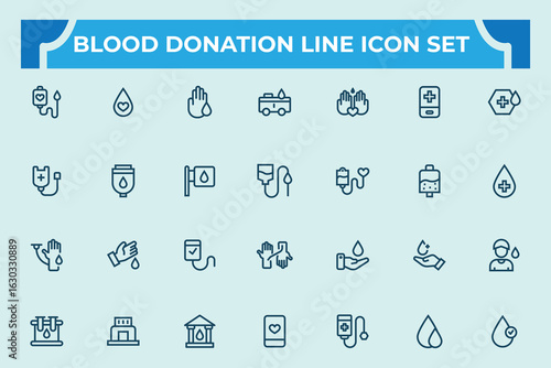 Blood donation vector line icons set. Blood transfusion icon.  Contains such icons as blood, medicals, donate, charity, protection, heart shape, giving and more. Pixel Perfect . vector illustration.