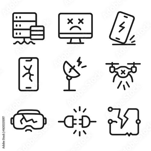 Technology Breakdown Icons. Outline icon set of collapse technology: failing server, broken computer, dropped phone, cracked