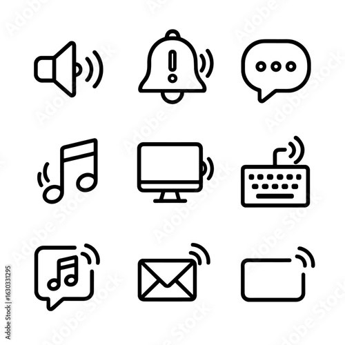Technology Sound Icons. Outline icon set of chirp in technology: notification sound, alert sound, chat notification, ringtone,