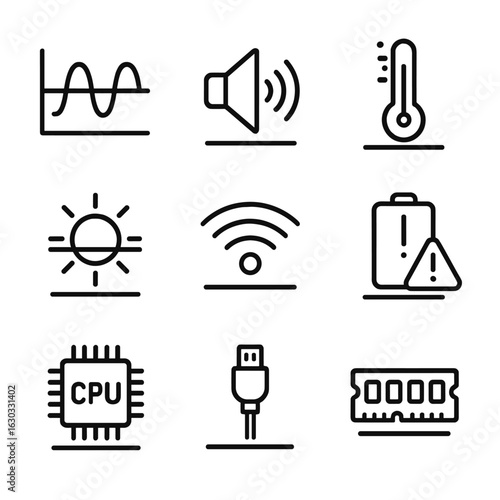 Technology Threshold Icons. Outline icon set of threshold in technology: signal threshold, volume limit, temperature limit,