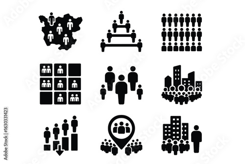 Population Density – 12/16 Solid Black Silhouette Vector EPS Set Collection
