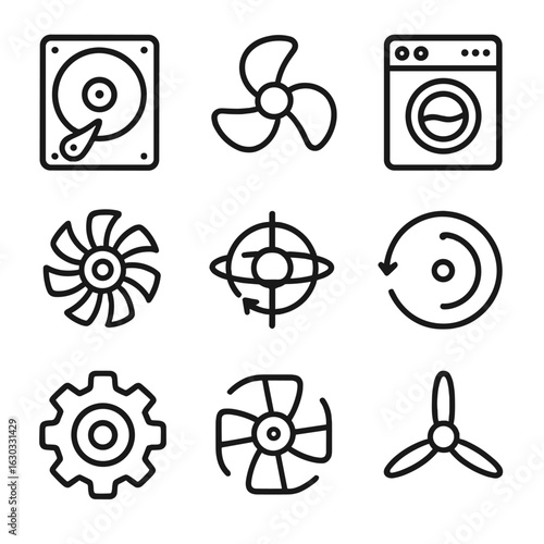 Technology Spin Icons. Outline icon set of whirl in technology: spinning hard drive, rotating fan blade, whirlpool washer, turbine