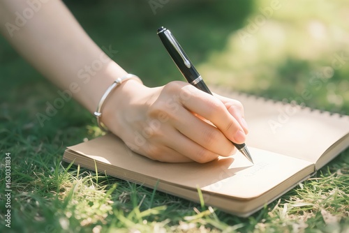 Outdoor Writing: Hand with Pen, Notebook, Grass Background, Natural Writing Scene, Creative Recording