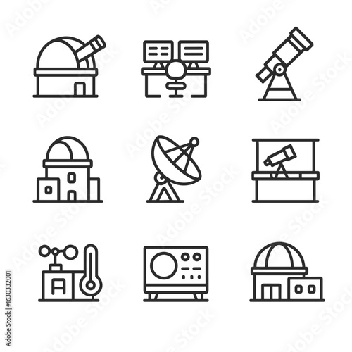 Telescope Observatory Icons. Outline icon set of telescope observatories: dome, control room, large telescope, observatory