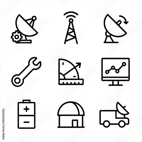 Telescope Operations Icons. Outline icon set of telescope operations: motor control, signal boost, dish alignment, maintenance