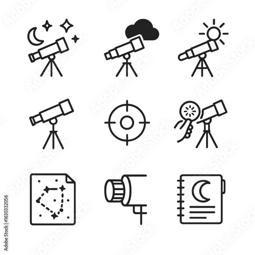 Telescope Icon Set. Outline icon set of telescope settings: night sky, dark sky, clear weather, tripod setup, polar alignment,