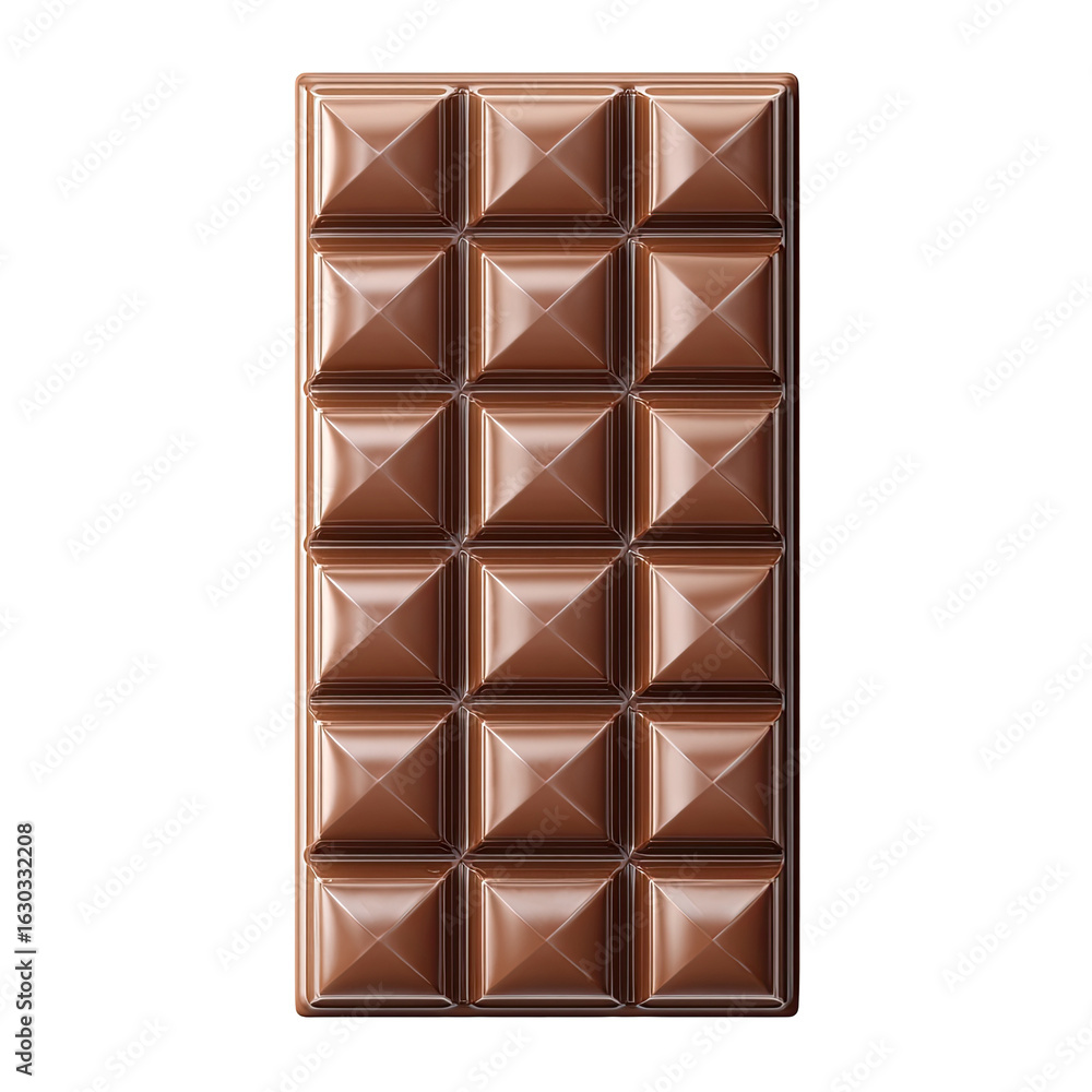 Obraz premium A rectangular chocolate bar, glossy and brown. Rows of squares with pyramidal tops