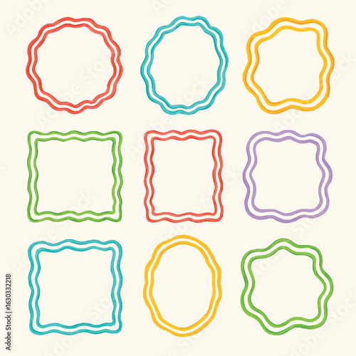 A stylish EPS vector illustration set featuring a collection of trendy hand-drawn doodle frames with wavy, irregular lines. The frames come in various shapes including rectangles, circles, and abstrac