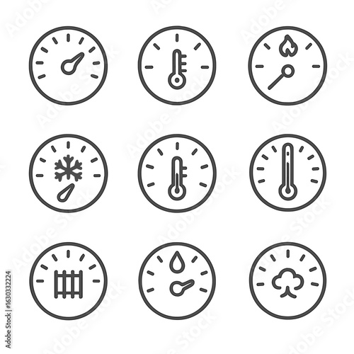 Temperature Gauge Icons. Outline icon set of temperature gauge dials: oven temperature gauge, car temperature gauge, grill heat