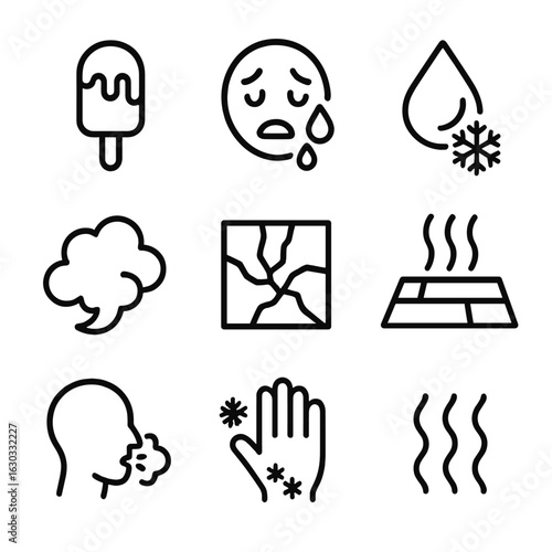 Temperature Icon Set. Outline icon set of temperature effects: melting ice cream, sweating face, frozen water droplet, steam cloud