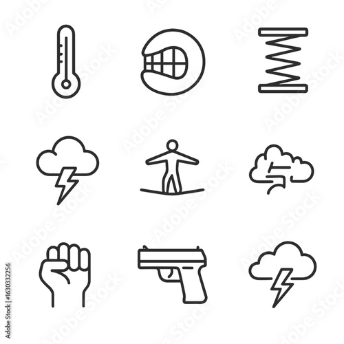 Tension Icon Set. Outline icon set of tension buildup: rising thermometer, clenched jaw, ticking clock, compressed spring, growing