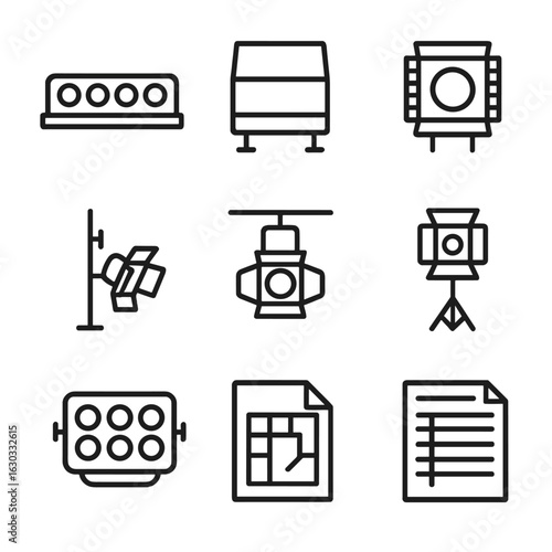 Theater Lighting Icons. Outline icon set of lighting for theater: footlights, cyc light, scrim light, side boom, top light, front