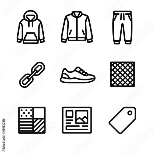 Theatrical Wardrobe Icons. Outline icon set of theatrical wardrobe: stage costume, wig stand, makeup brush, actor tag, wardrobe