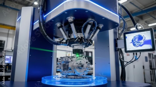 An automated CMM machine precisely measures a metal part in a factory, ensuring high-quality control, and displays a digital blueprint on a screen.