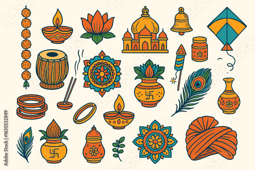 Indian festival and cultural icon set for celebrations, marketing, and ethnic digital design projects.
