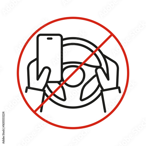 Stop driving car with phone. Linear vector illustration. Using a phone while driving is prohibited. Simple symbols. Do not steering wheel with mobile. Forbidden icon.