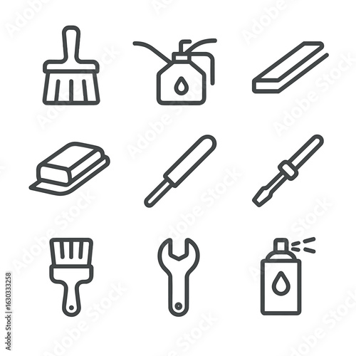 Threshold Maintenance Icons. Outline icon set of threshold maintenance: cleaning brush, oil can, replacement strip, sanding block,